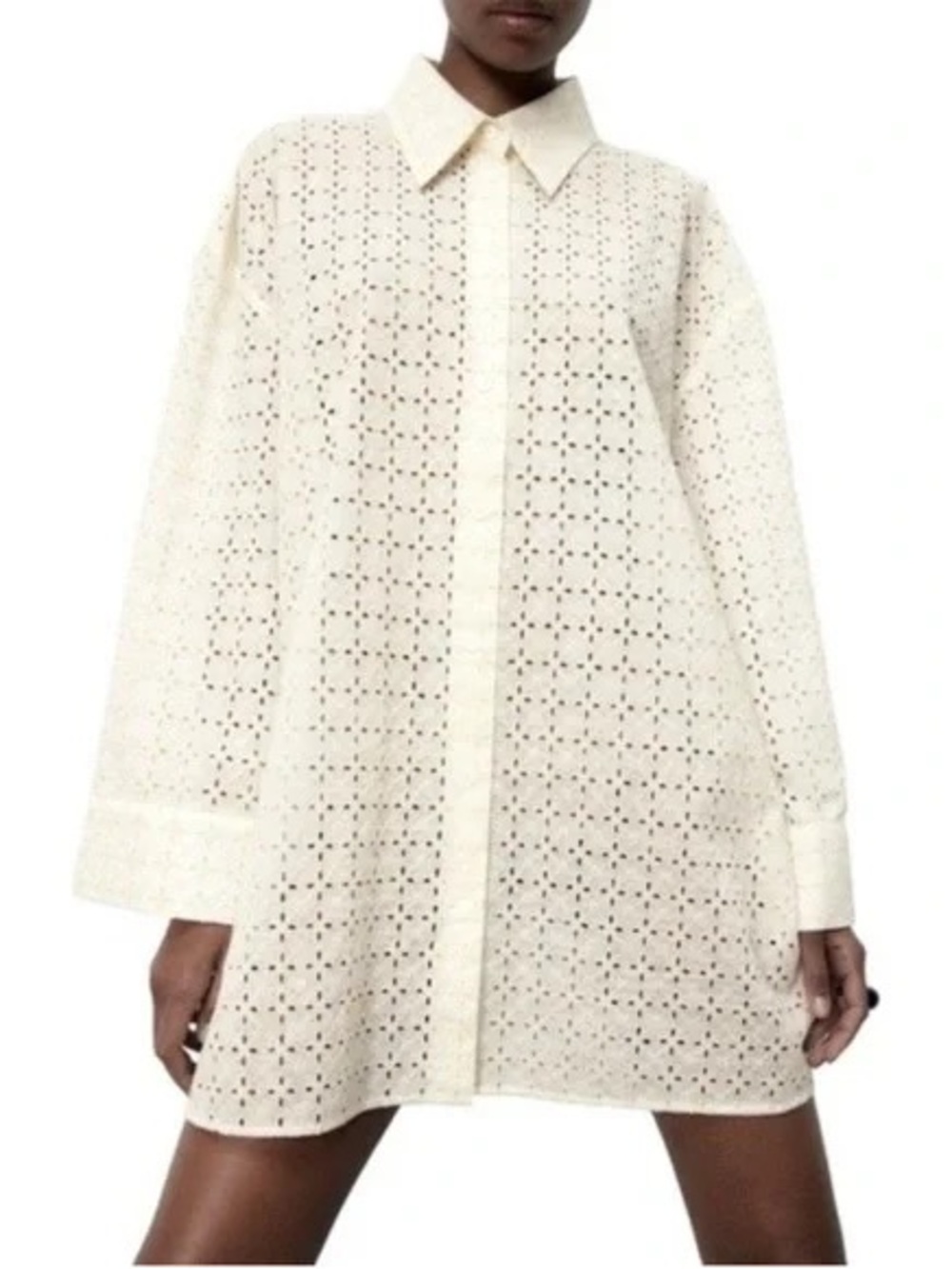 Zara Oversized Embroidered Eyelet Button Down Shirt Dress Coverup Cream Medium